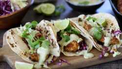 Chicken taco recipe with a creamy avocado and cilantro sauce